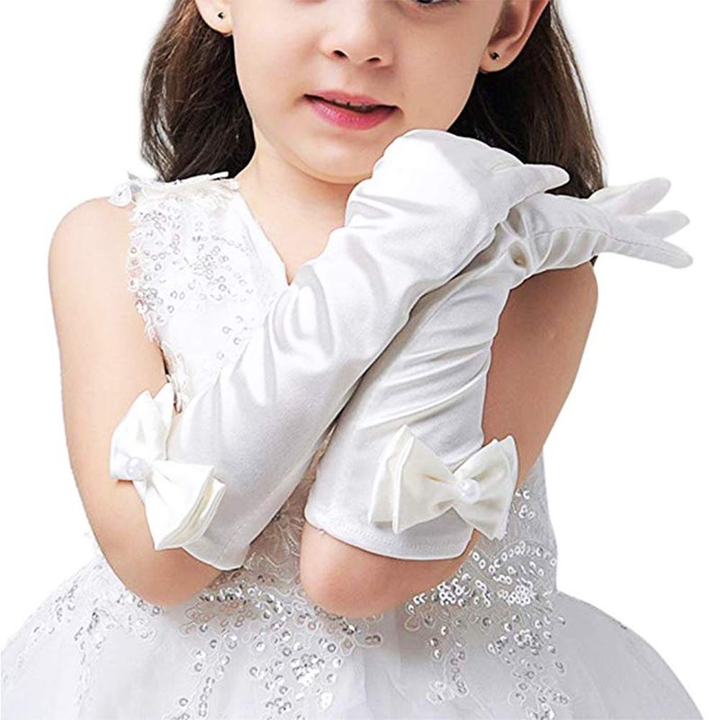 AUHOKY 4 Pairs Little Girls Long Elbow Length Formal Gloves, Age 3-8 (White) - Image 3